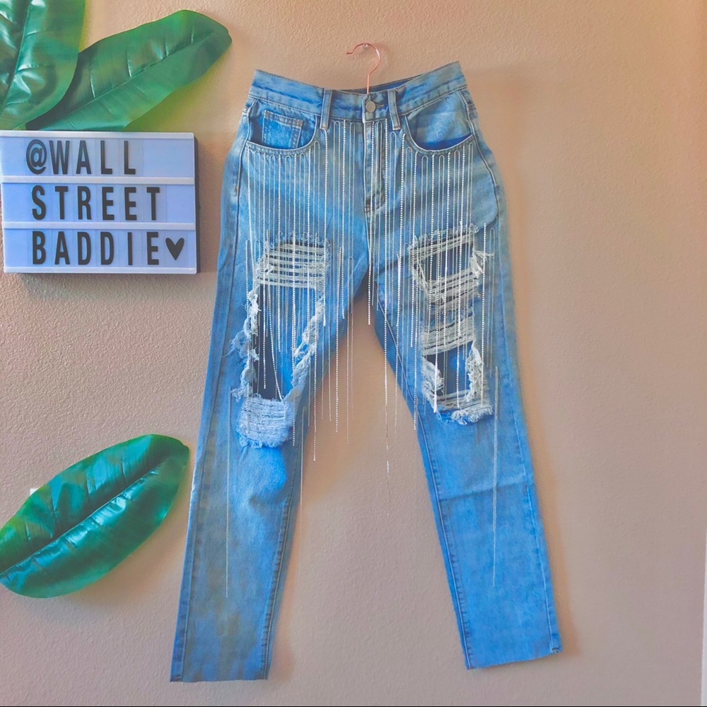 Denim Rhinestone Ripped Pants - Picture 3 of 3